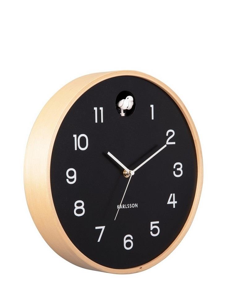 שעון קיר קוקייה מודרני עגול - עץ לבנה - שחור